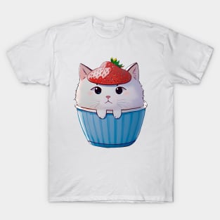 Cute Kawaii Cat in a Cup with Strawberry Hat T-Shirt